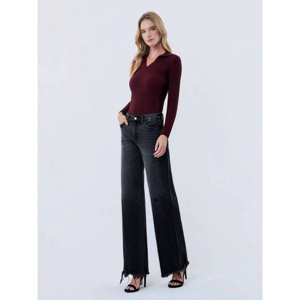 NEW VERVET BY FLYING MONKEY mid rise distressed hem wide leg jeans in black